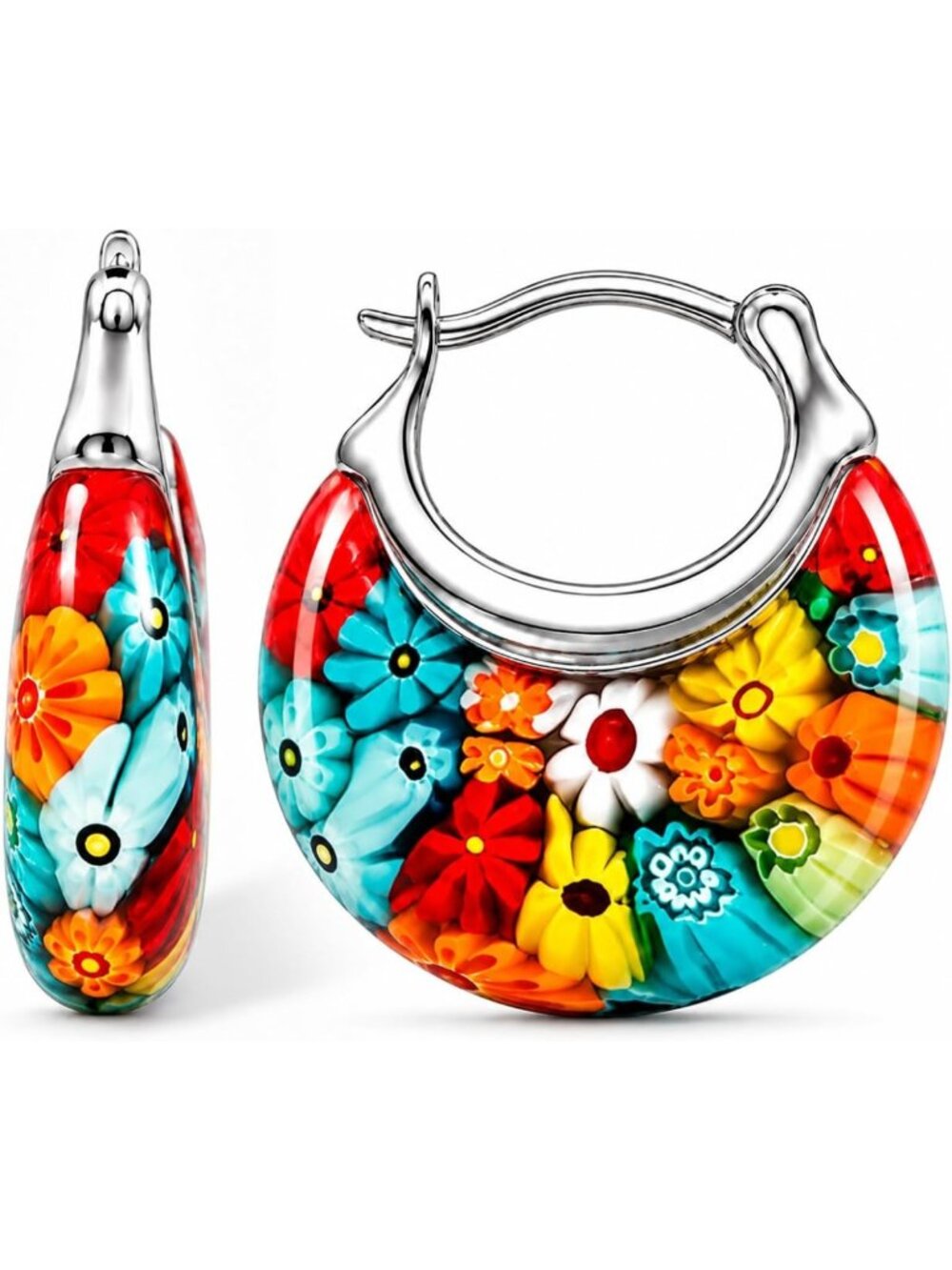 Colorful Millefiori Glass Hoop Earrings for Women | Unique Artisan Jewelry